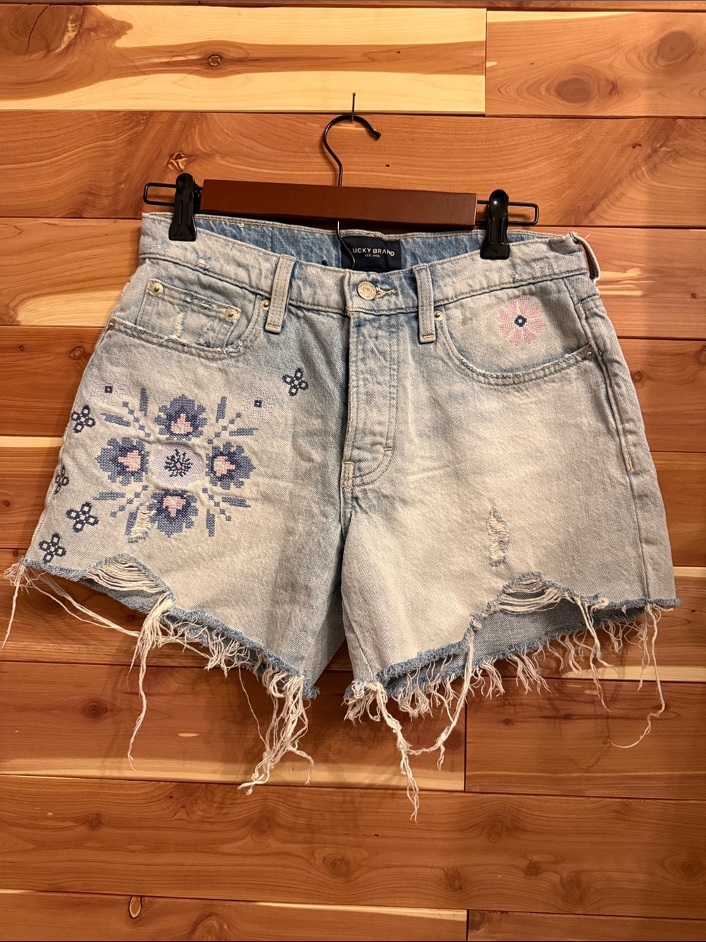 Lucky Brand Faded Light Blue Embroidered Denim Cutoff Shorts
